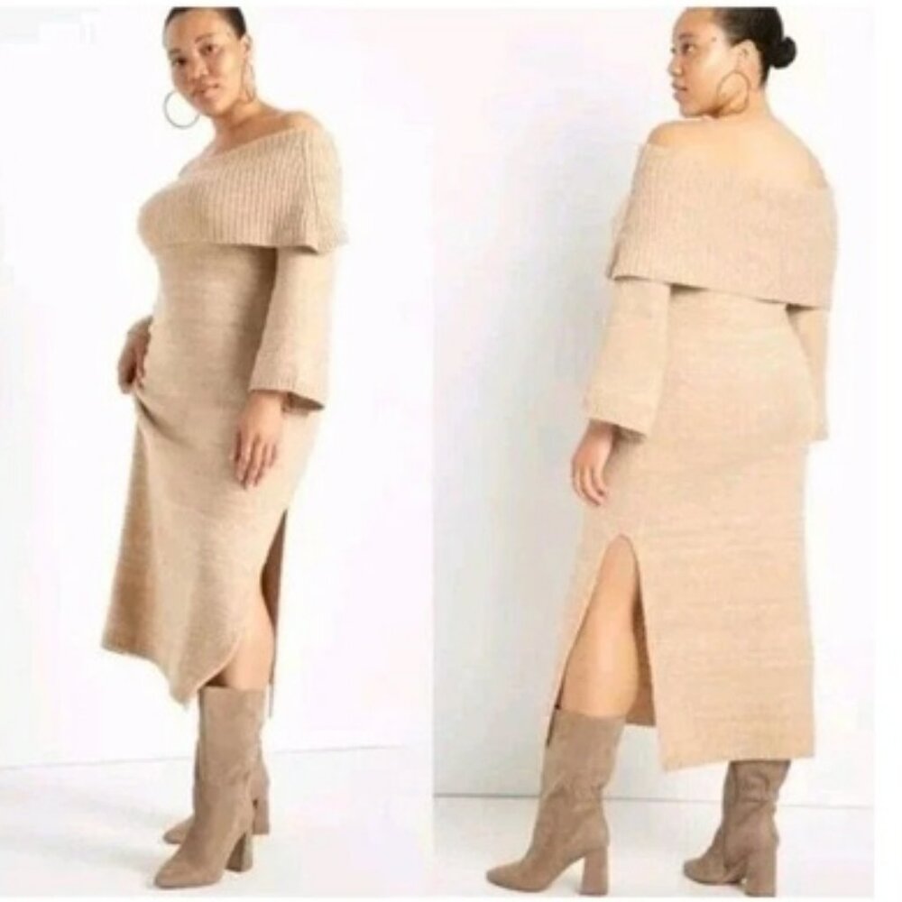 NWT Eloquii Off The Shoulder Tan Sweater Dress Sz 18/20